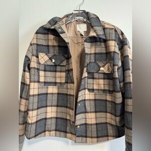 H&M Plaid Shacket Jacket Womens Large Beige Gray Button Front Flannel Coat